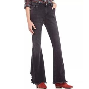 Free People Jeans Size 26 Raw Hem Flare Faded Black Mid Rise Frayed EUC